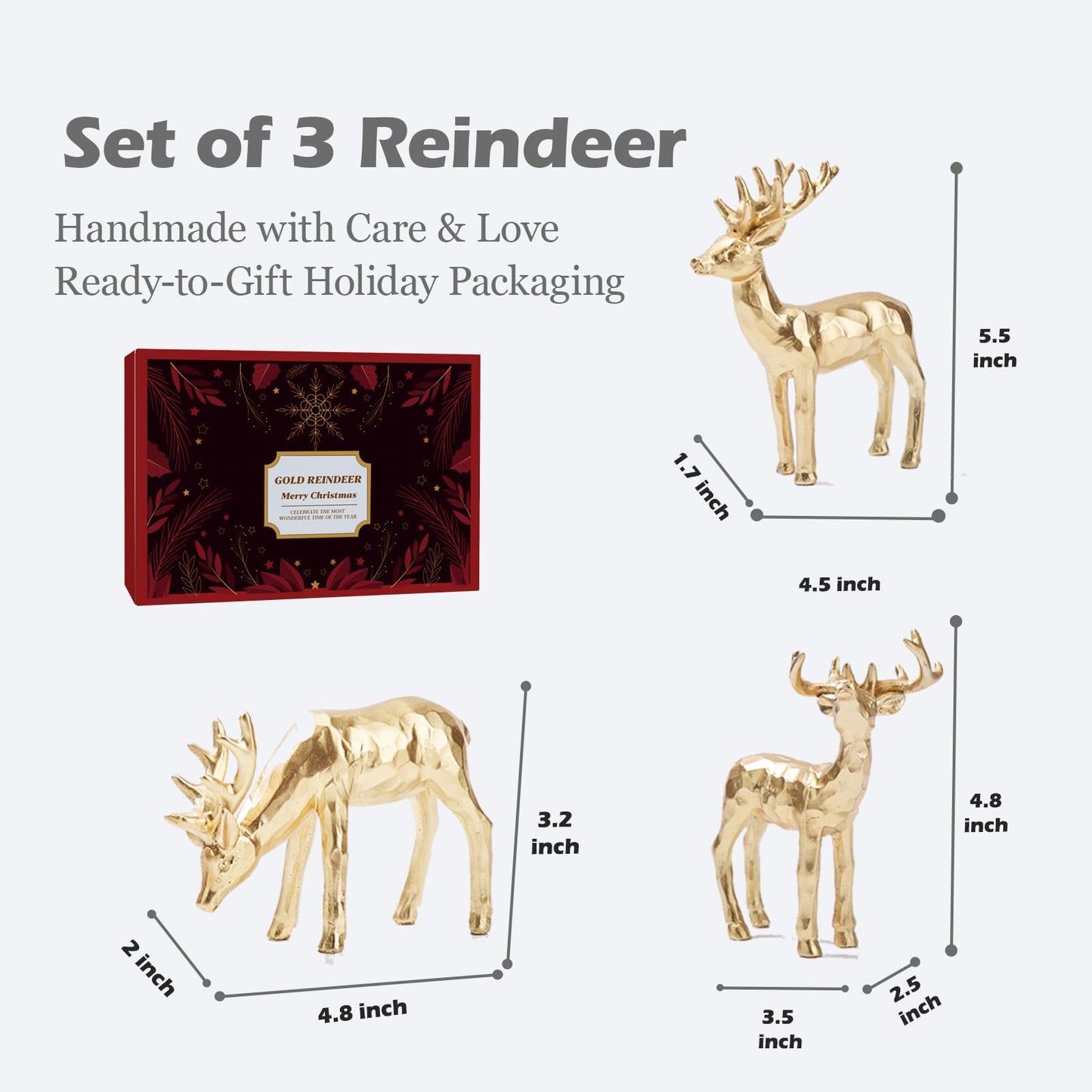 yumhum 3pcs Resin Reindeer Figurines for Christmas Decor Gold Tabletop Reindeer Statues Small Decorative Deer Figurines for Indoor Christmas Tabletop Mantle Decorations