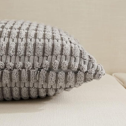 Fancy Homi Gray Farmhouse Decorative Throw Pillow Covers 18x18 Inch for Living Room Couch Bed Sofa, Rustic Boho Home Decor, Soft Striped Corduroy Square Cushion Case 45x45 cm