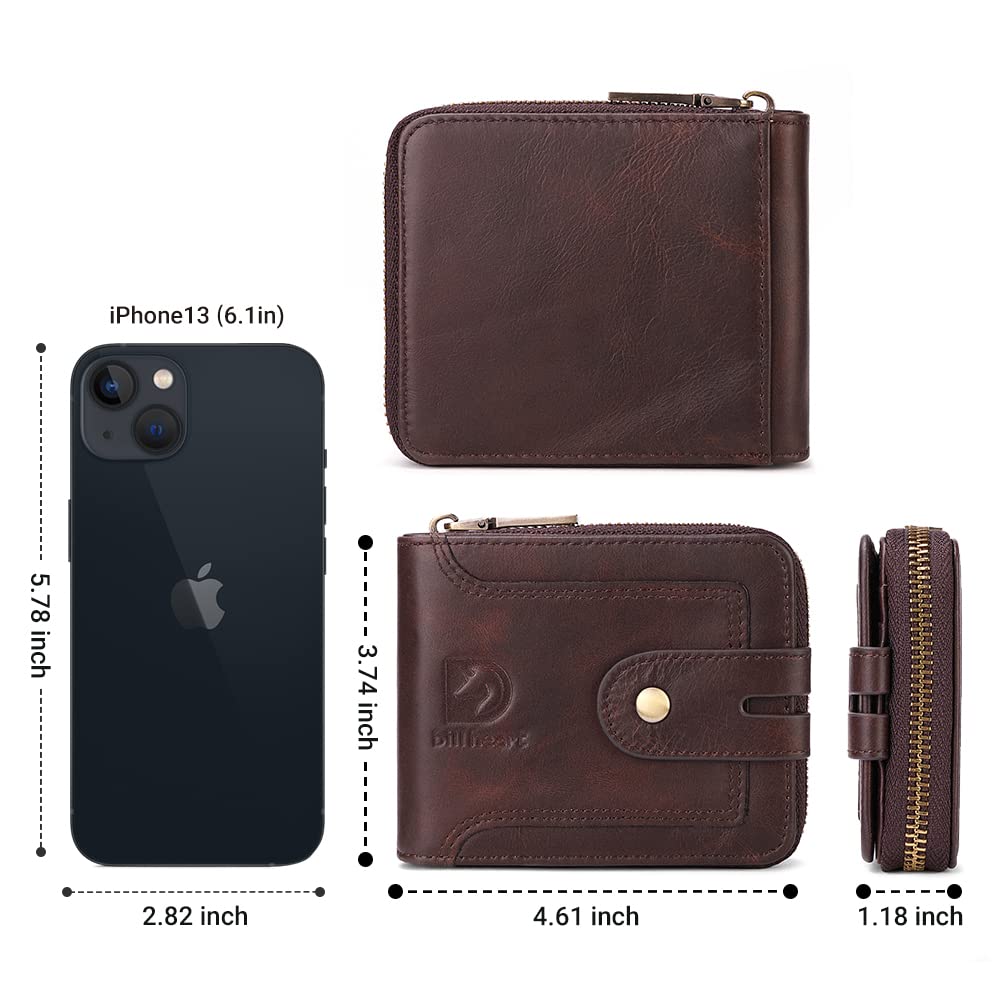 bill heart Men Wallet with Zipper Genuine leather Bifold Purse for Mens ID Window and Coin Pocket…