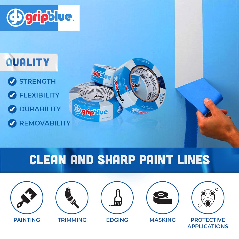 GripBlue Blue Painters Tape 1.5 Inch Wide, 30 Rolls Masking Tape - Perfect for Precise Lines on Walls & Trim, Multi-Surface, Residue-Free, Easy Removal - Ideal for Indoor & Outdoor Use, 1.41in x 60yds