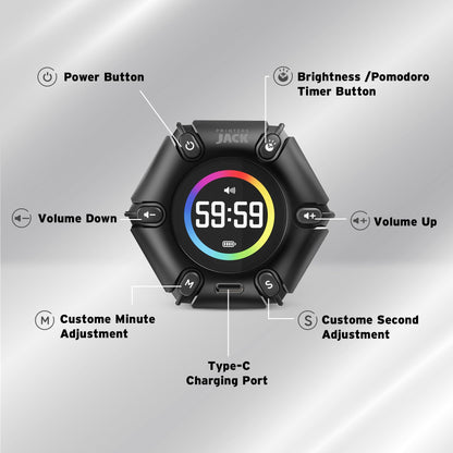 Jack Pomodoro Timer - Productivity Cube, Visual Focus Timer, Mute & Vibration & Adjustable Sound Alert, for Office, ADHD, Study, Work, 3/5/10/25/30/60min & Custom Countdown - Black