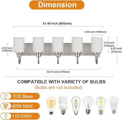 VINLUZ 5 Light Vanity Light,Brushed Nickel Bathroom Lighting Fixture Over Mirror with Opal White Glass Shade Modern Interior Wall Mounted Lights for Hallway Makeup Table