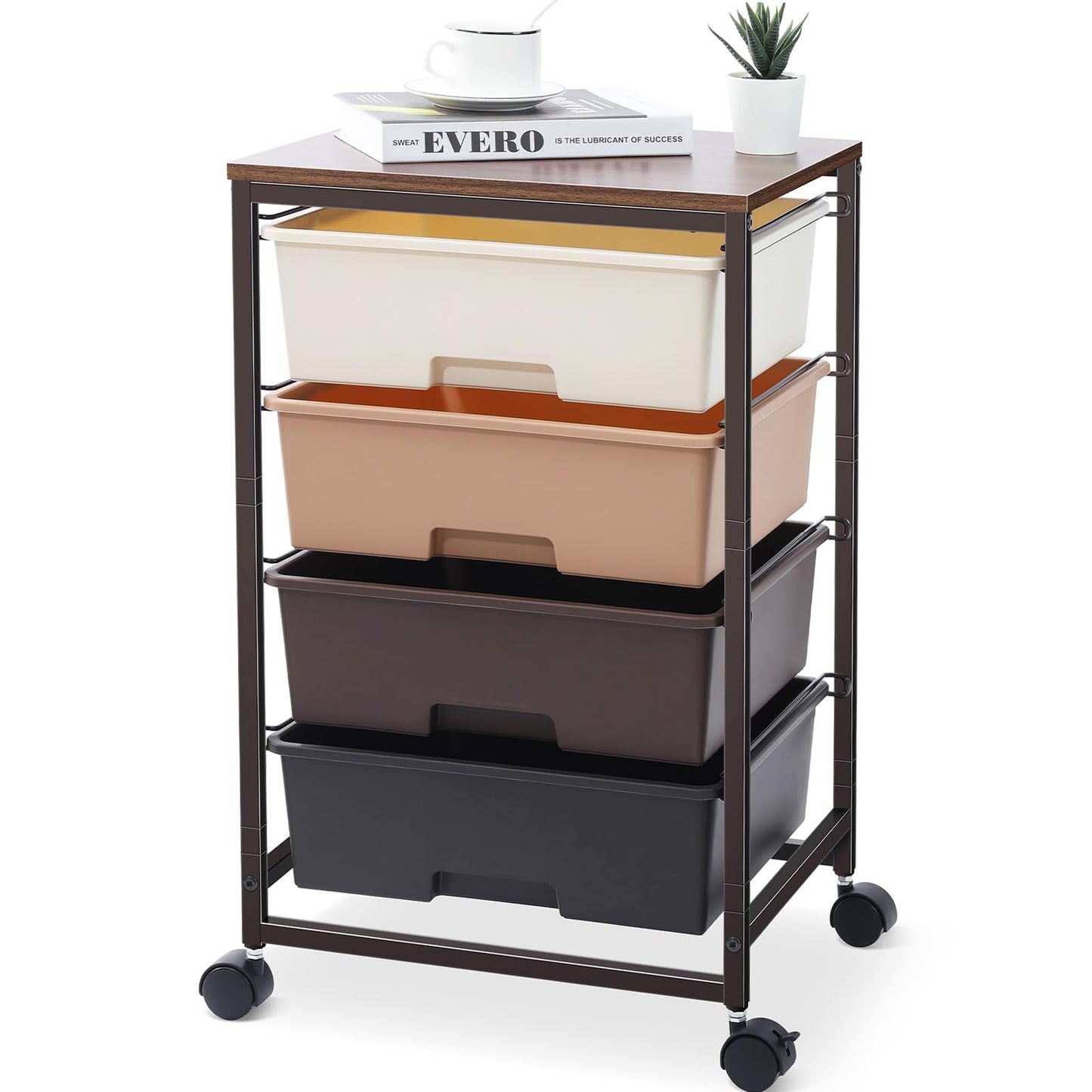 SYKIARIOL Utility Cart with 4 Drawers,Rolling Storage Cart with Drawers,Storage Rolling Drawer Cart,Brown
