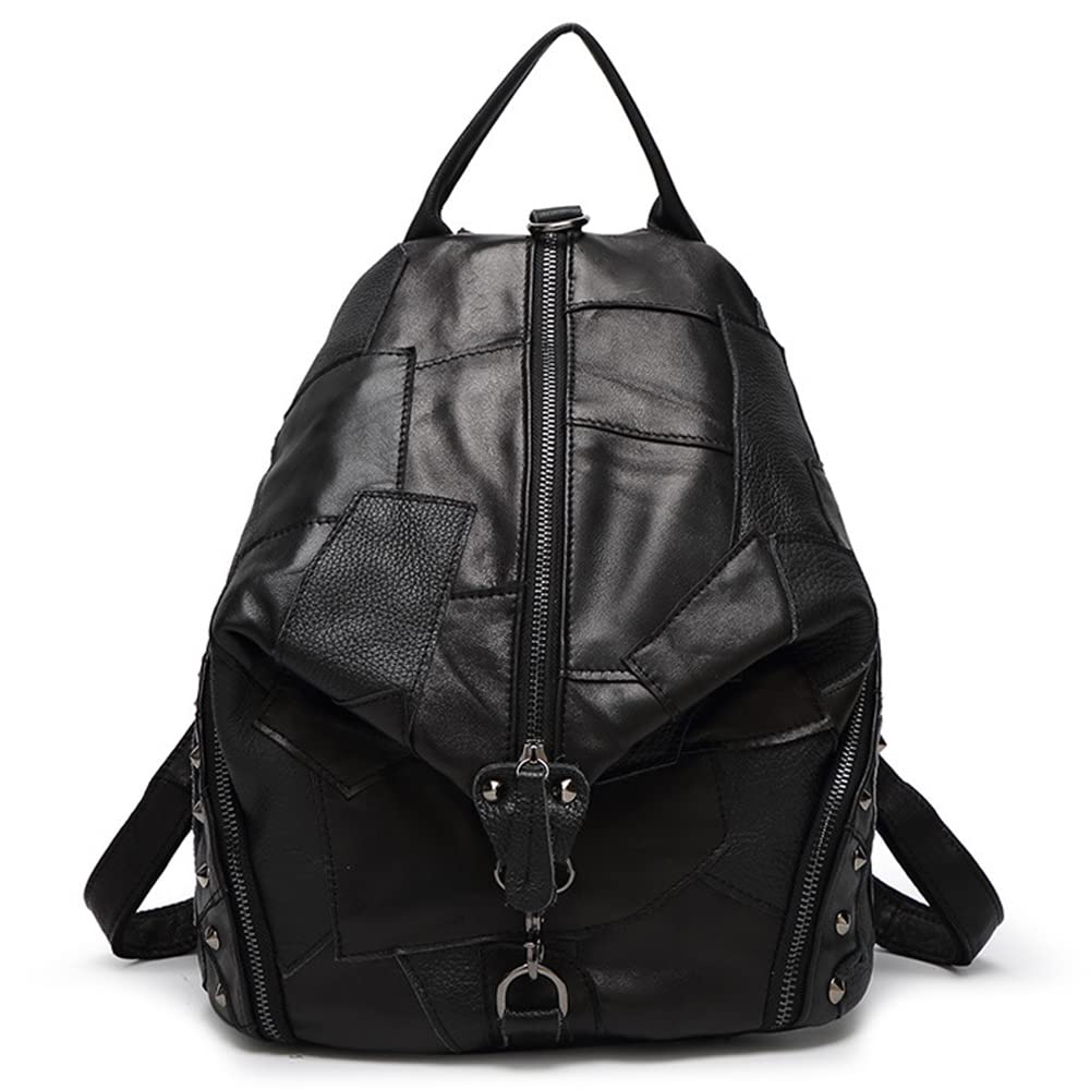Downupdown Genuine Leather Backpack Contrasting Multicolor Splicing Backpack Fashion Large Capacity Travel Backpack-Black