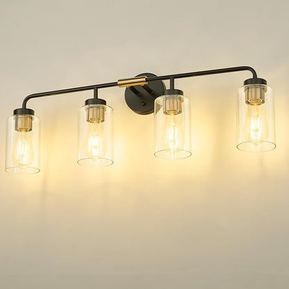 zeyu Farmhouse 4-Light Bathroom Vanity Light, 30 Inch Bathroom Lights Over Mirror, Black and Gold Finish with Clear Glass, ZS62B-4W BK+BG