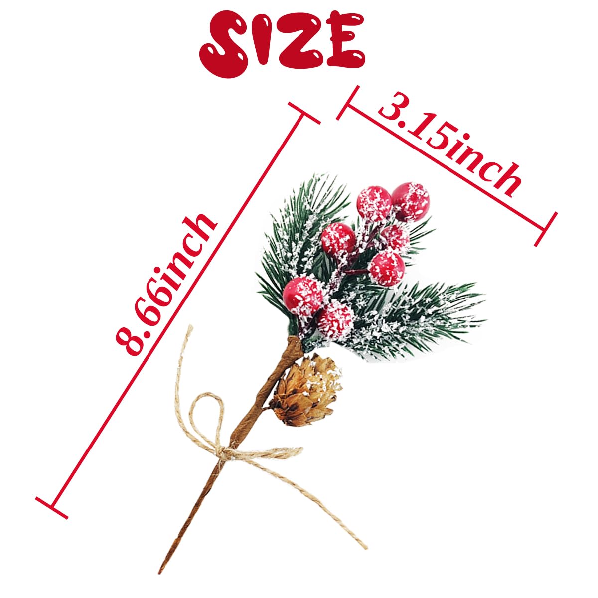 TIHOOD 20PCS 8inch Artificial Christmas Floral Picks, Red Fake Berry Picks Stems, Pine Branches with Pinecones Holly Leaves for Vase Floral Arrangement Wreath Winter Holiday Season Decor Crafts
