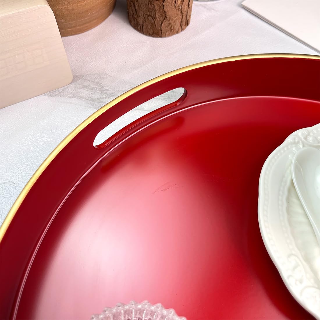 UOEKCS Red Decorative Tray, Serving Tray with Handles, Round Decorative Tray for Coffee Table, 13 Inch Plastic Tray for Ottoman, Living Room, Bathroom, Home Decor.