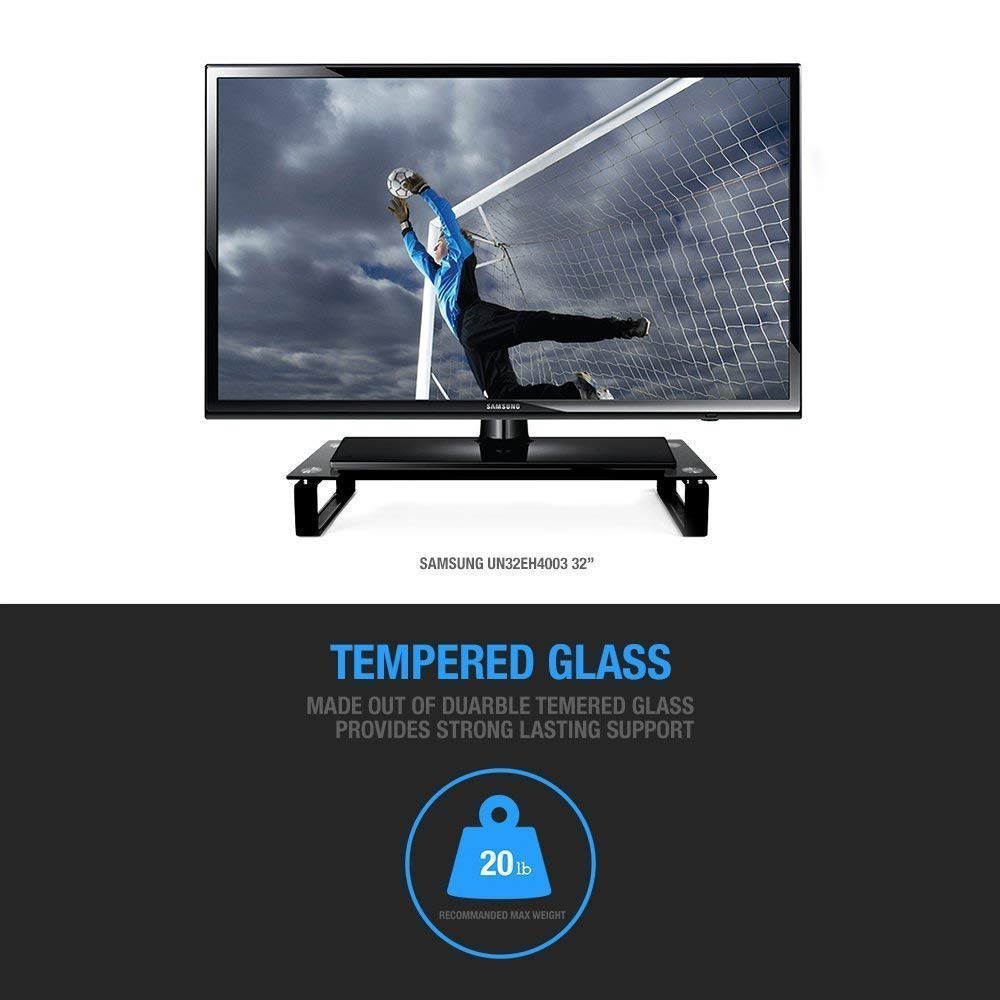 Eutuxia Type-S Black Tempered Glass Monitor Stand, TV, Laptop, Computer, All-In-One Desktop, Printer Riser [21.75 x 8.25 x 3.25 Inches]