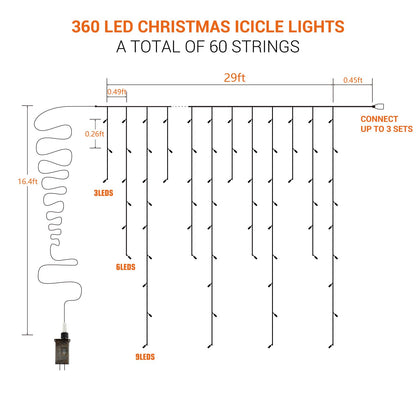 Brizled Icicle Lights Warm White, 29ft 360 LED Christmas Icicle Lights, 8 Modes Christmas Light with 60 Drops, Connectable Xmas Drop Lighting with Remote for Indoor Outdoor Christmas Wedding Holiday
