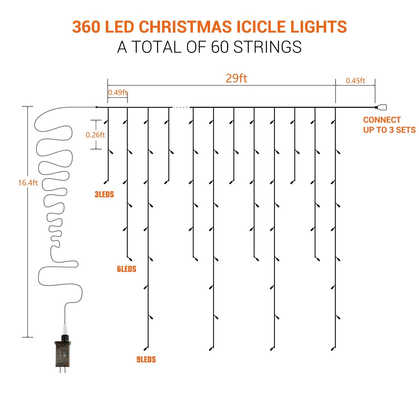 Brizled Blue Icicle Lights, 29ft 360 LED Christmas Icicle Lights with Remote, 8 Modes Christmas Roof Light with 60 Drops, Connectable Xmas Eave Light Outdoor Drop Lighting for Xmas Wedding Holiday