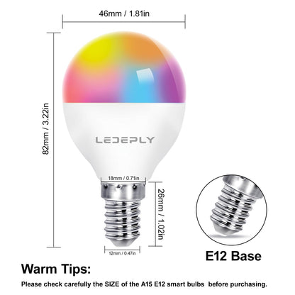 A15 LED Smart Bulb, 5W=40W,Compatible with Alexa, Google Assistant, E12 Base, Dimmable, 2.4G WiFi ONLY, RGB Color Changing, Tunable White 2700K-6500K, Globe Shape, G45 Ceiling Fan Light Bulbs 4 Pack