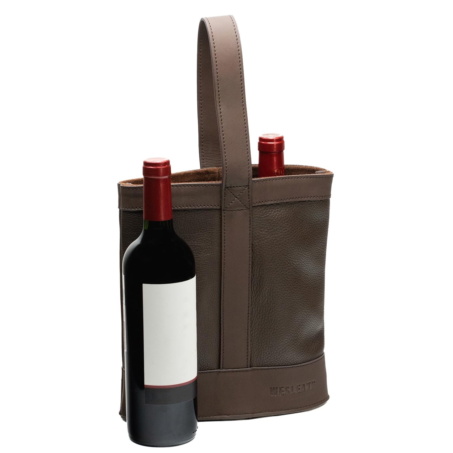 WESLEATH Double Wine Carrier Bag – Leather Wine Tote for Two Bottles with Handles & Metal Buckle – Protective Carrier for Picnic, Wine Champagne Gift Bag (Moka)
