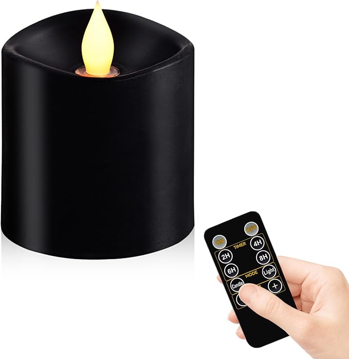 Black Flameless LED Candles - 3" x 3" Real Wax, Battery Operated with Remote Timer, 3D Flickering, Lasts 600+ Hours, Halloween & Christmas Deco (Black, 3"*3"-1pcs)
