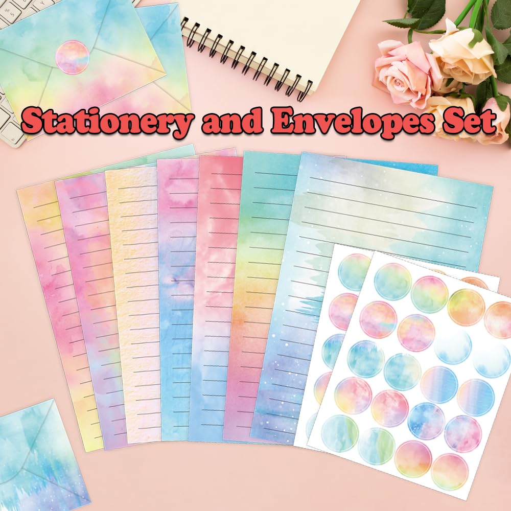 AUSTARK 160 Pieces Stationery Set (50 Pieces Lined Stationery Paper 8.25 x 5.5 Inch, 50 Pieces Envelopes, 60 Sealed Stickers) for Letter Writing (Watercolor)