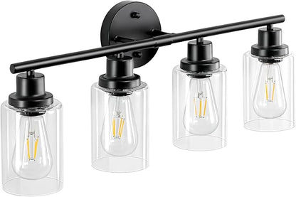 4-Light Black Bathroom Light Fixtures, E26 Modern Vanity Lights for Bathroom with Clear Glass Shade, Wall Lamps for Mirror Hallway Kitchen Cabinet Living Room Sconces Lights