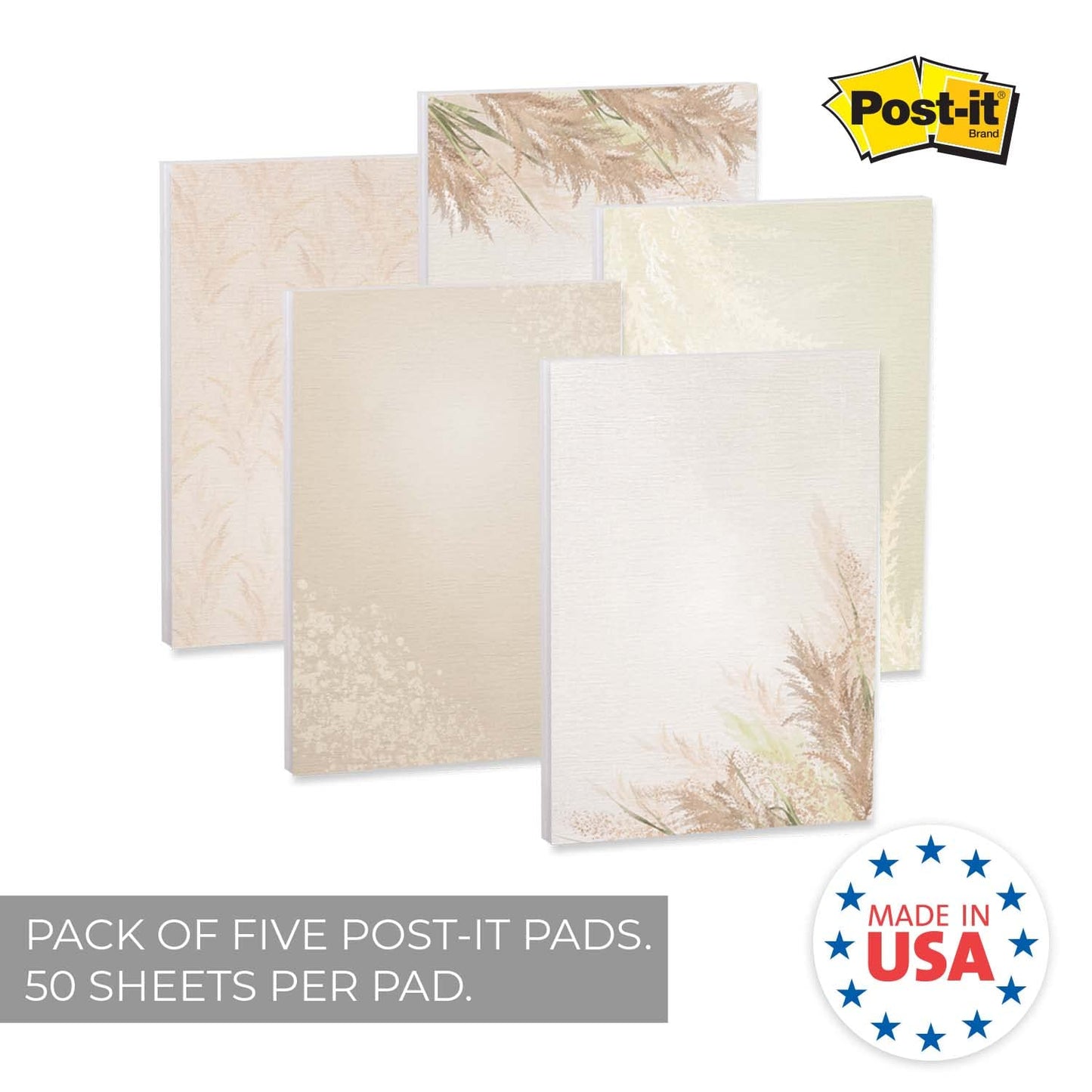Pampas Grass Sticky Note Pads / 4" x 6" Repositionable Trendy Boho Sticky Notes / 50 Sheets Per Pad/Set of 5 Designs/Made in USA