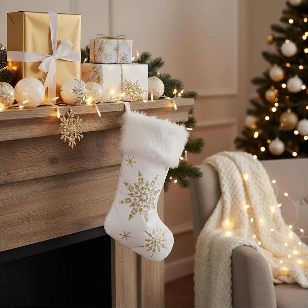 Comfy Hour 18" White Velvet Christmas Stocking, Gold Snowflake Embroidery with Faux Fur Trim, Elegant Holiday Mantel Hanging Decor, Traditional Winter Accent, Artisan Crafted Textile, 1 Unit