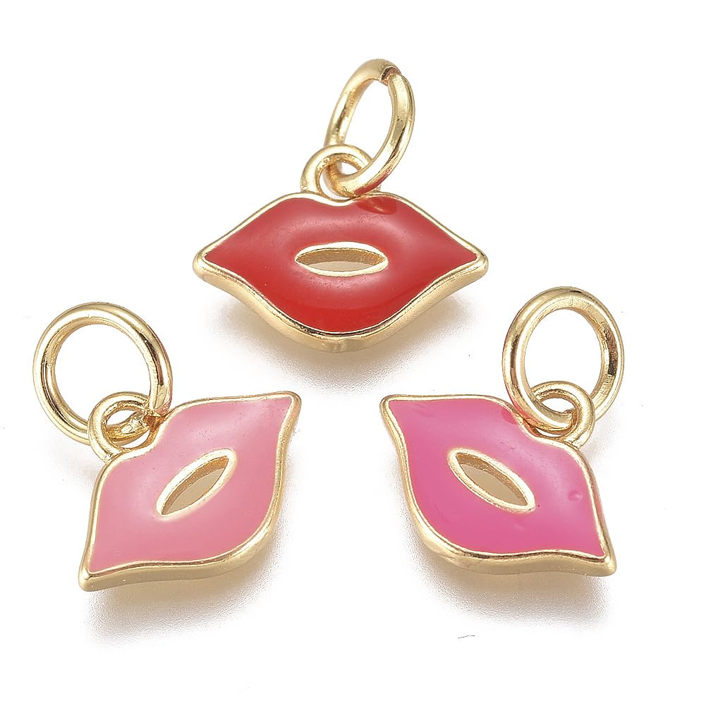 Stiesy 18K Gold Plated Makeup Charm 20Pcs Sexy Lip Mouth Shape Enamel Metal Charms Mixed Color for DIY Jewelry Bracelet Necklace Earring Crafting Gifts