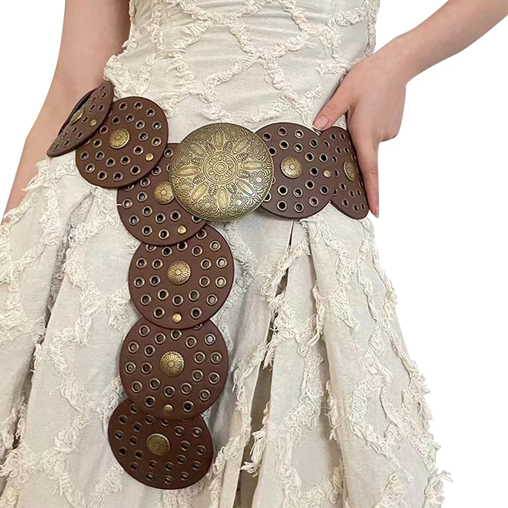 OVOY Womens Wide Western Cowboy Disc Belt Boho Disk Concho Country Waist Belts for Dress