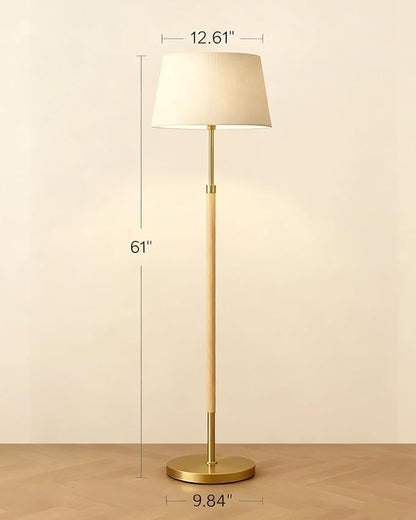 JOOFO Mid-Century Modern Wood Floor Lamp with Dual Fabric Shade, Remote Control, Dimmable & Adjustable Color Temperature, Reading & Living Room Lamp, Easy Clean Cover, Foot Switch