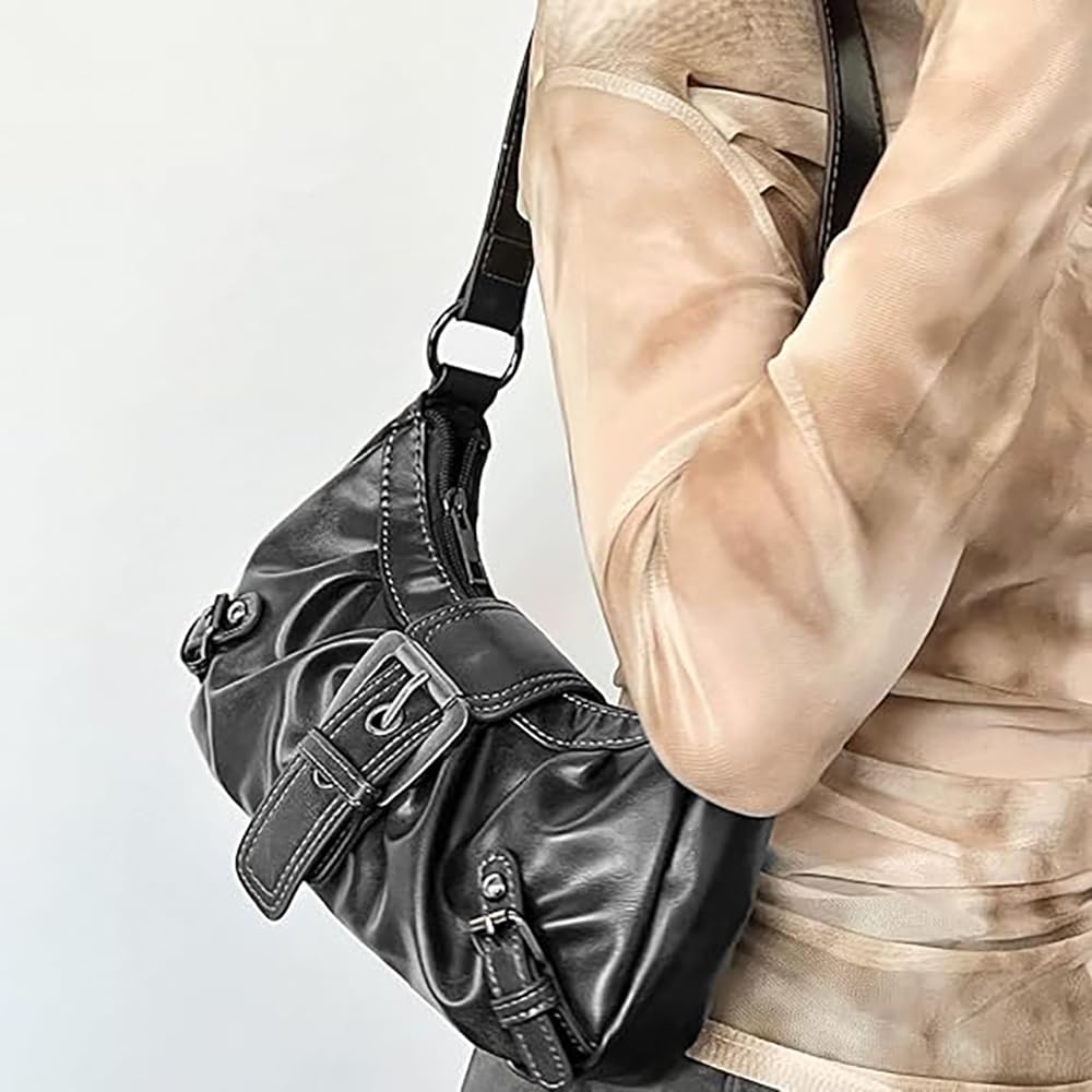 AFMKTICA Y2K Trendy Purse for Women, Leather Buckle Punk Hobo Clutch Purses Bags for Ladies Top Handle Shoulder Bag (Deep black)