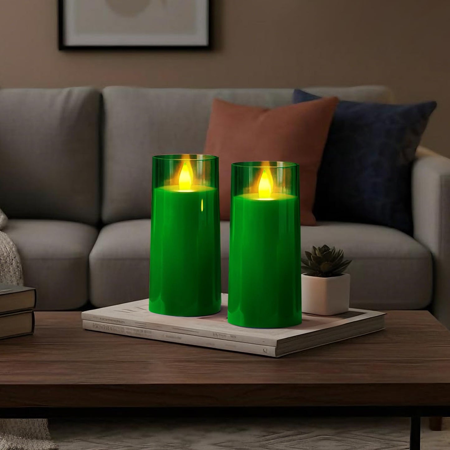 Raycare St. Patrick's Day Flameless Electronic Pillar Candles with Remote Control and Timer- Battery Operated Realistic Flickering LED Fake Candle for Home, Wedding Decor,Green,Set of 2(3"x6"6")