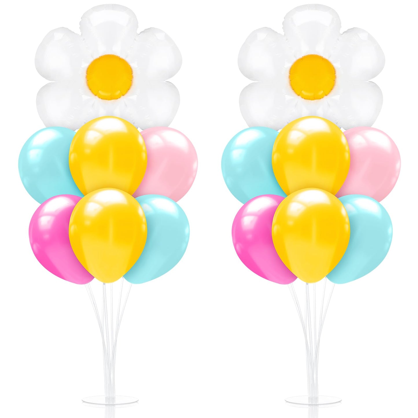 Seematn 2 Set Daisy Balloon Stand Kits Pastel Pink Green Yellow Balloons Sticks Holder with Base, Groovy Birthday Party Table Centerpiece Kit for Boho Baby Shower Flower Party Decorations