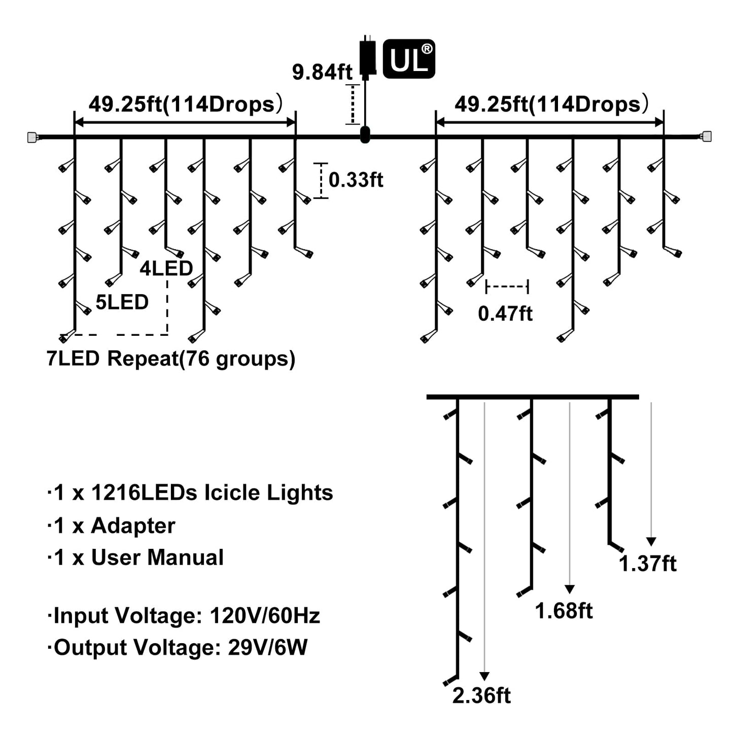 99ft 1216LED Icicle Lights for Outside, White Christmas Lights for House Patio Yard Porch Backyard Holiday Garden Xmas Exterior Decoration, Waterproof Twinkle Cluster Light Hanging Light All Year