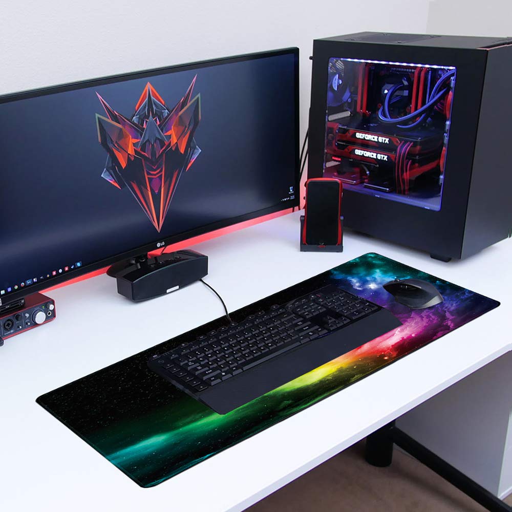 Benvo Extended Mouse Pad Large Gaming Mouse Pad- 35.4x15.7x0.12 inch Computer Keyboard Mouse Mat Non-Slip Mousepad Rubber Base and Stitched Edges for Game Players, Office, Study, Aurora Light Pattern