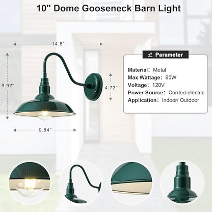 10'' Dome Outdoor Gooseneck Barn Light Fixture with Wall Mount, Green Exterior Porch Barn Door Lighting, Farmhouse Style Outside Porch Gooseneck Wall Sconce for Patio, Yard, Garage, House