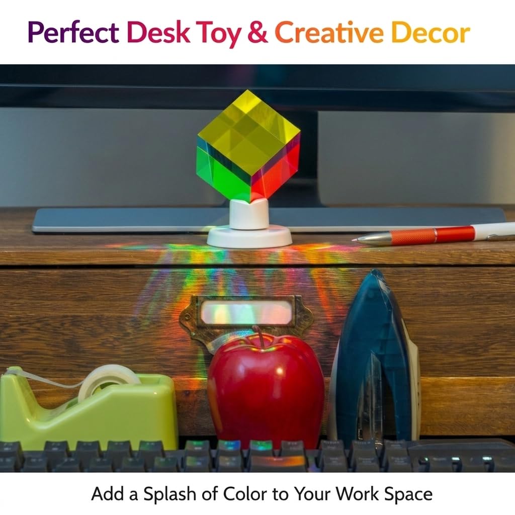 Twiddler Toys Color Mixing Cube with Display Stand – 2 Inch (50mm) Cyan, Yellow, & Magenta Acrylic Prism Optical Physics Desk Decor – Satisfying Silent Fidget Toy