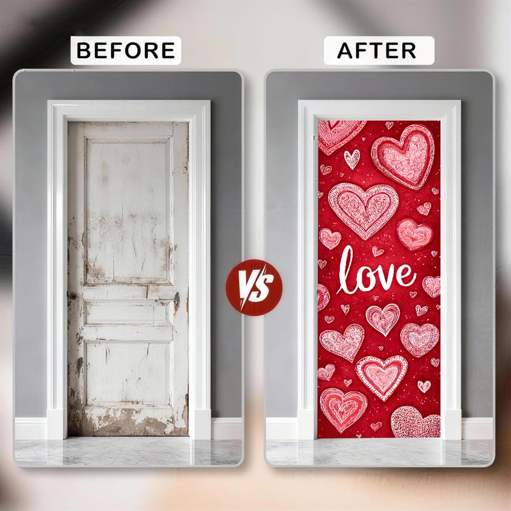 WDESYADMS Valentine’s Day Door Sticker 30.3x78.7 Inch PVC Self Adhesive Red Heart and Love Design Peel and Stick Decorative Door Decal for Bedroom Living Room Entryway Romantic Decor