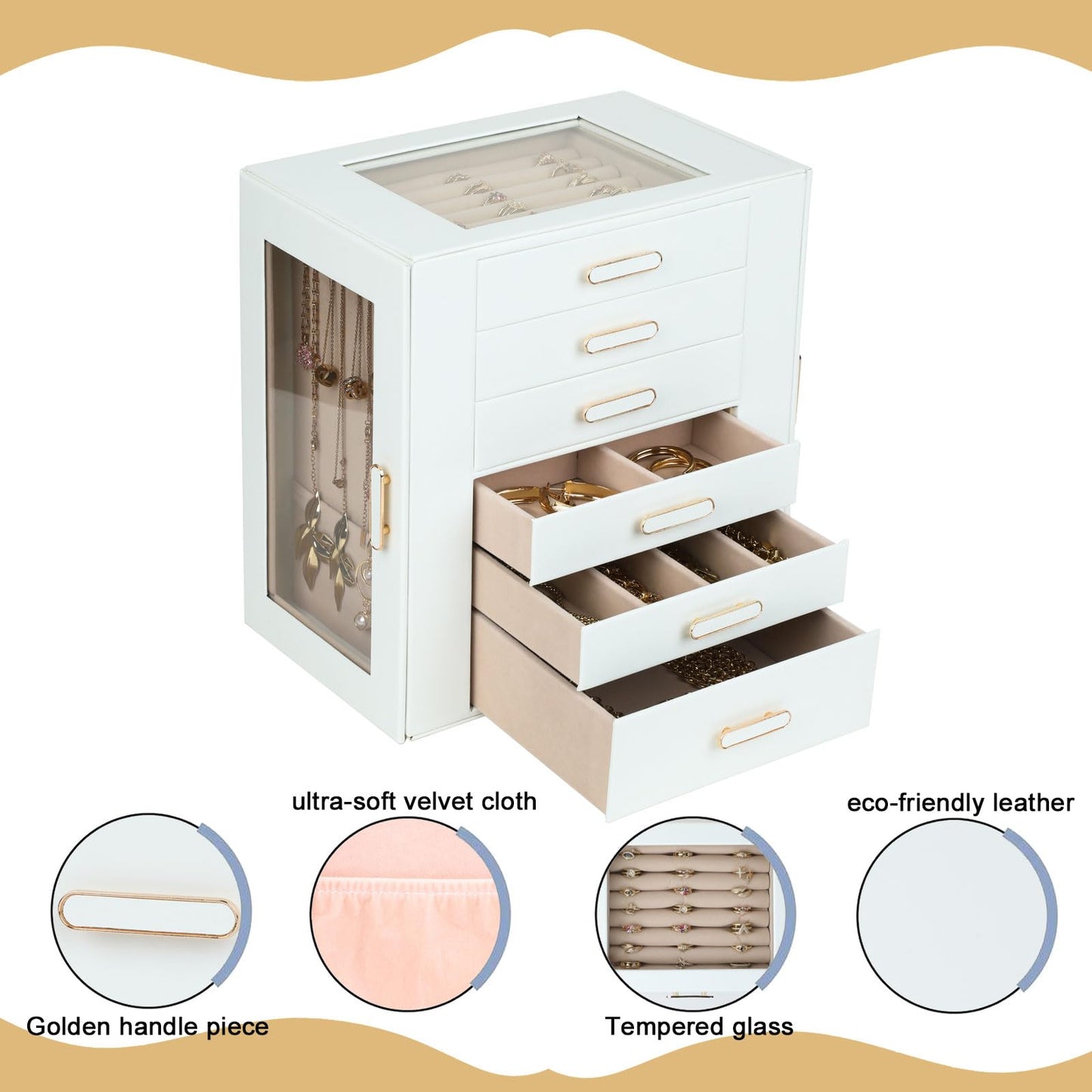BOOVO Clear Lid Jewelry Box,6 Layers Jewelry Organizer Large Jewelry Storage Box with 6 Drawers,Jewelry Holder Organzier of Rings Earrings Necklace Bracelets for Women (White, 6 Layer)