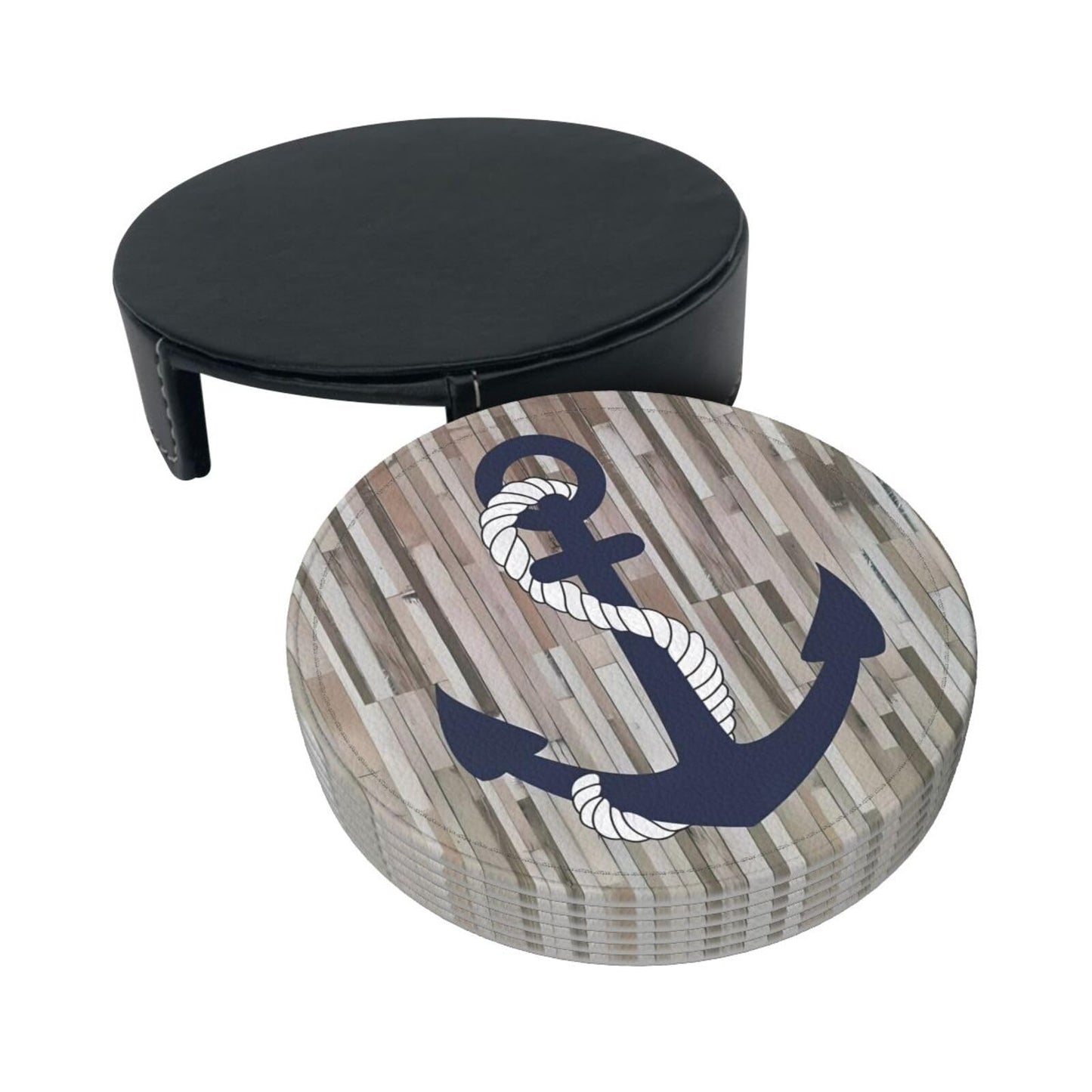 Nautical Navy Blue Anchor Wood Plank Premium Leather Coasters - Set of 6 with Holder, Stylish Beverage Coasters for Kitchen, Coffee and Home Decor