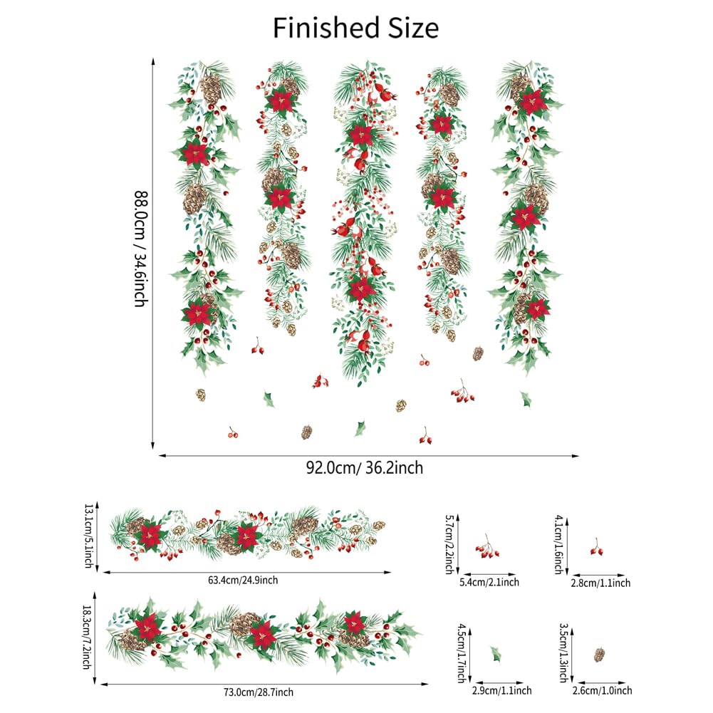 Christmas Garlands Wall Stickers Christmas Pine Cones Red Berry Vine Wall Decals Hanging Poinsettia Green Leaves Flower Window Decals for Xmas Winter Party Home Office Classroom Festival Decoration
