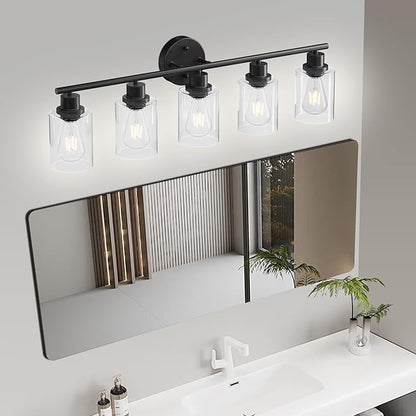 5-Light Black Bathroom Vanity Lights, E26 Modern Bathroom Light Fixtures with Clear Glass Shade, Mirror Kitchen Hallway Cabinet Living Room Sconces Wall Lights