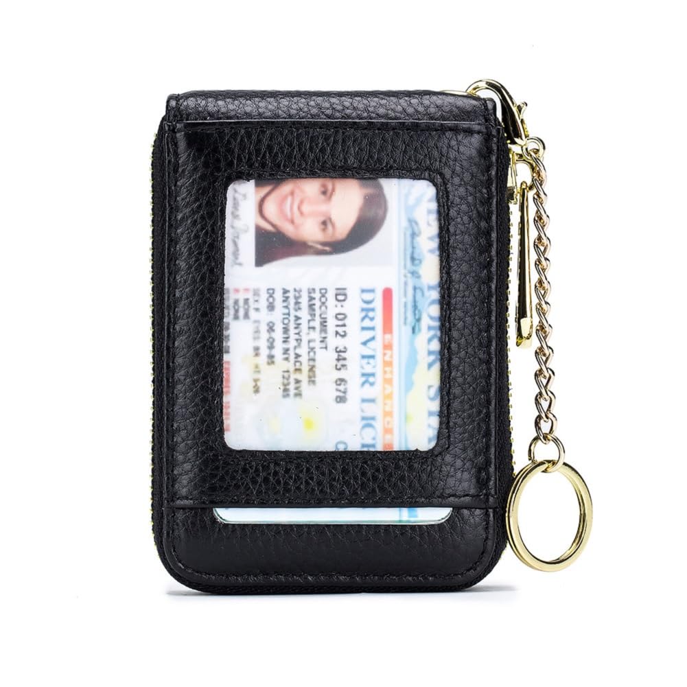 BAKUN RFID Blocking Leather Slim Zipper Business/Credit Card Wallet Case Holder with Clear Photo Slot, Security Travel Wallet (Navy)