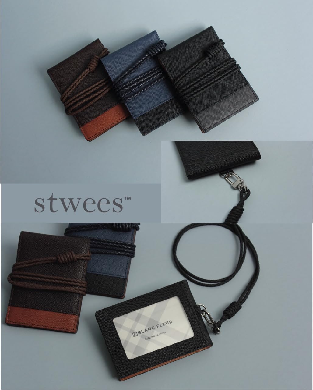 stwees Slim Leather Lanyard Wallet, Folding Card Holder with Snap Button, ID Badge Neck Wallet Set (Two-Tone, Brown)