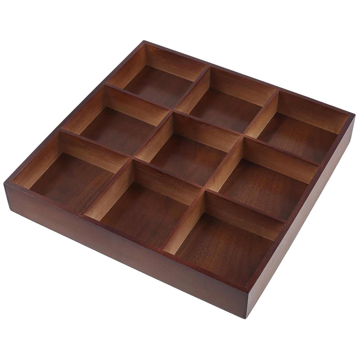 FUNSUEI 2 PCS Multi Compartment Wooden Tray, Divided Wooden Tray, Bamboo Serving Tray with 9 Sections, Wood Divided Snack Tray Storage Box for Appetizers, Jewelry, 12 x 12 x 1.85 Inch