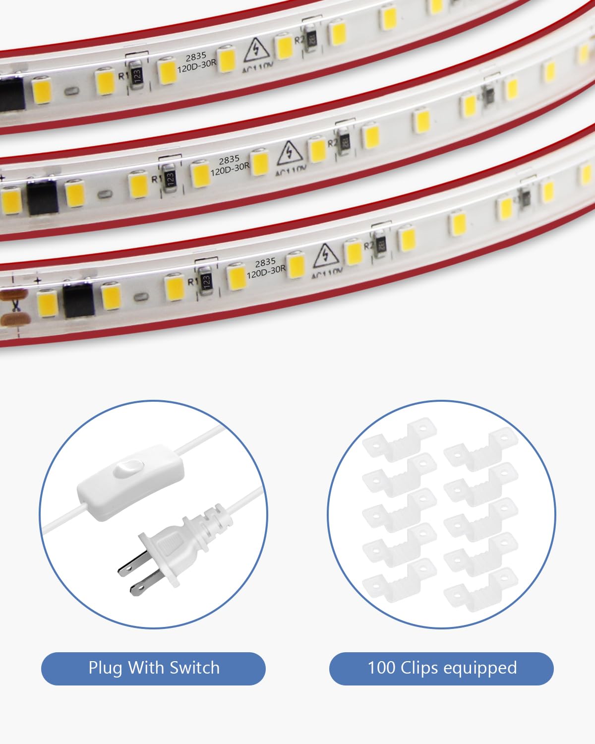 Samsion Outdoor LED Strip Lights Waterproof 100FT Self-Adhesive Warm White AC 110V-120V LED Rope Light with Switch Plug in SMD 2835 120LED/M Ultra Bright for Christmas Home Indoor Outdoor Decor IP67