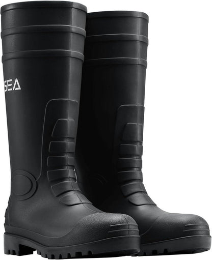 HISEA Men's Steel Toe Rain Boots - Waterproof PVC Rubber Outdoor Work Boots | Durable Slip-Resistant Knee Design