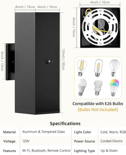 KIZON Motion Sensor Outdoor Lights 2 Pack, Dusk to Dawn Outdoor Lighting Porch Lights, Matte Black Exterior Lighting Fixtures with E26 Base, Waterproof Motion Detector Lights for Outside