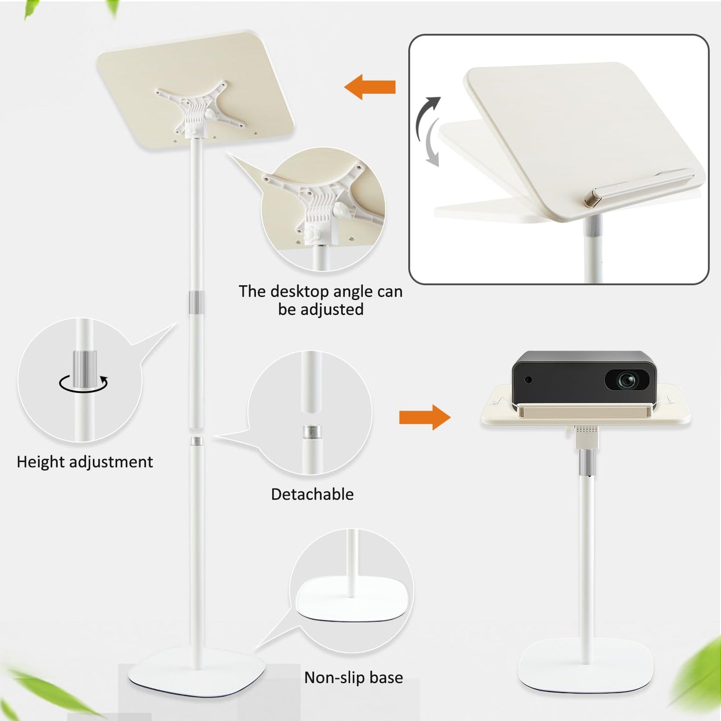 2 in 1 Dual-use Floor & Desktop Book Stand White, 19.6-54 Inch Height Adjustable, for Bible Stand Music Holder Podium Recipe Cookbook, Foldable Book Holder for Reading with Page Clips