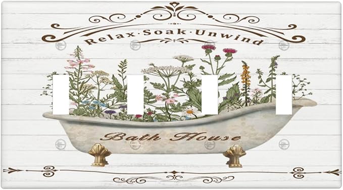Rustic Farmhouse Wooden Board Botanical Flower Quad Gang Toggle Light Switch Cover 4-Gang Wall Plates Decorative Electrical Switchplate for Home Bedroom Art Decorate