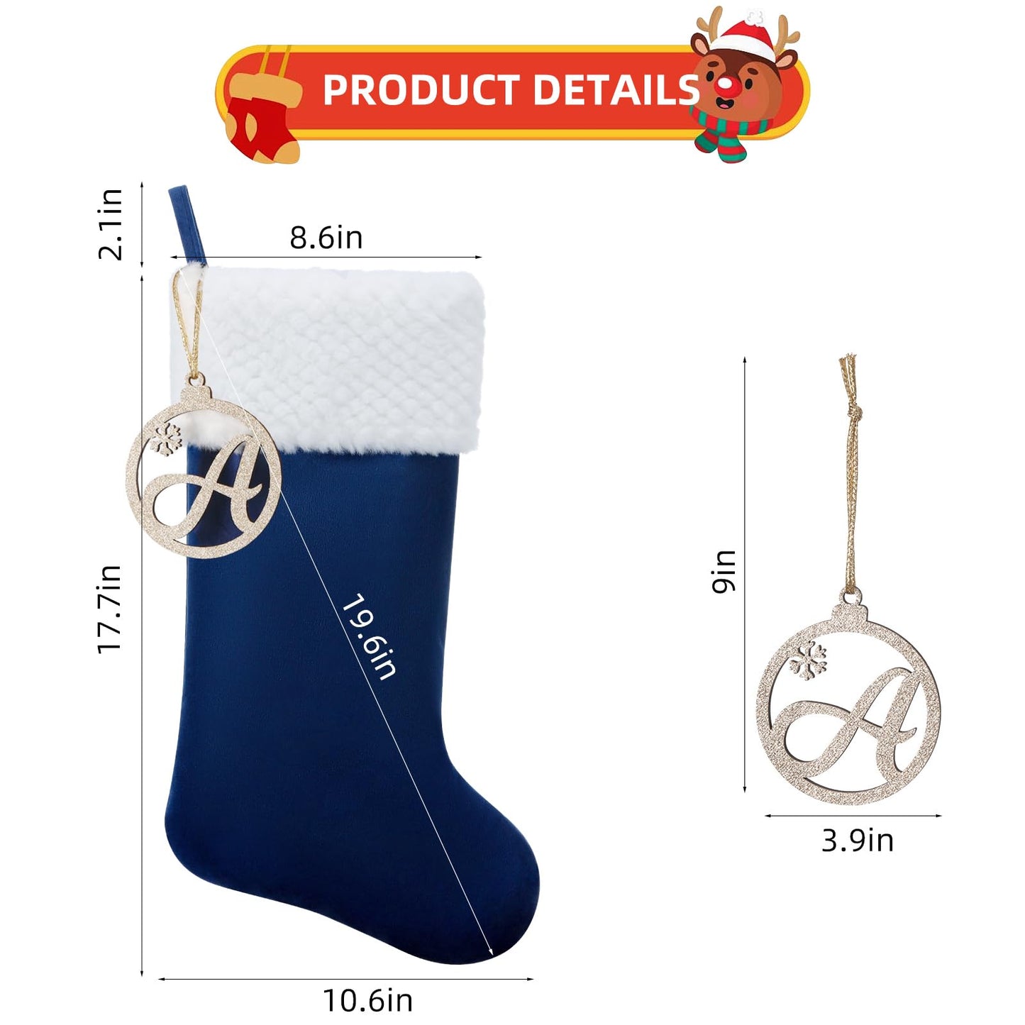 Pxniy Personalized Christmas Stocking, 19.5 Inch Blue Velvet Christmas Stocking with Gold Wooden Letter Ornament - Fireplace Holiday Decor (Blue M)