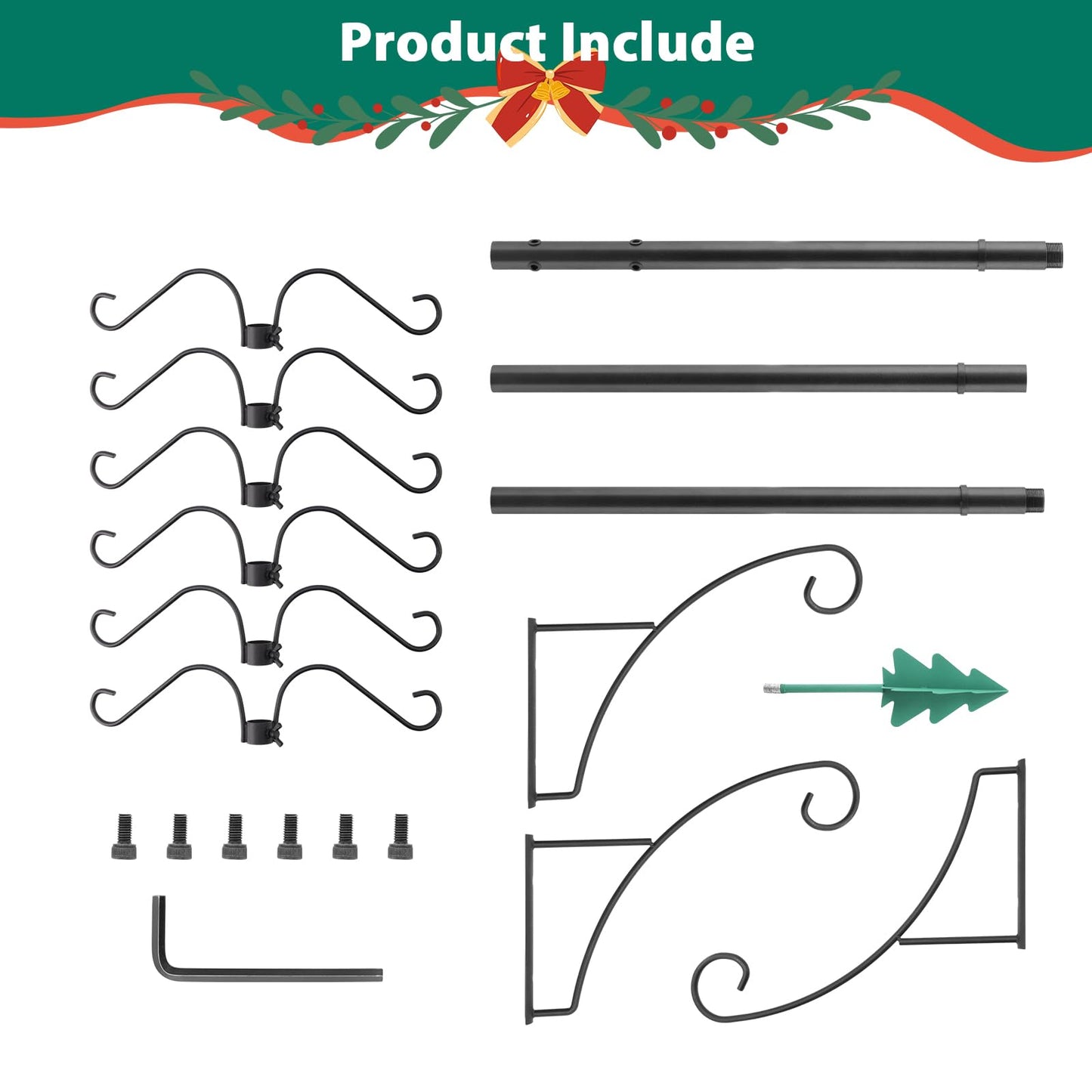 Bvomheez Christmas Stocking Holder Stand, Freestanding Max 62" Height Stand with 12 Hooks, Height Adjustable Metal Hanger with Green Iron Christmas Tree Top, for Christmas Holiday Decoration