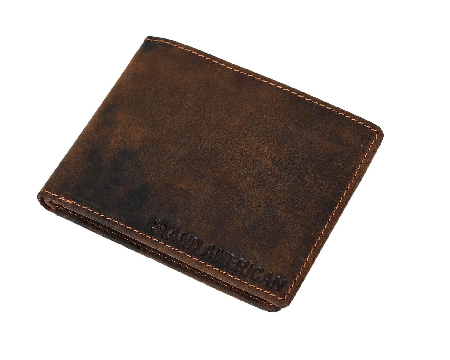 Stand American Men's Full Grain Hunter Leather Bifold Wallet with RFID Blocking - Slim Design with Total 7 Card Slots (2 Concealed Card Slots) ID Window & 2 Cash Pockets With Premium Stiching (TAN)
