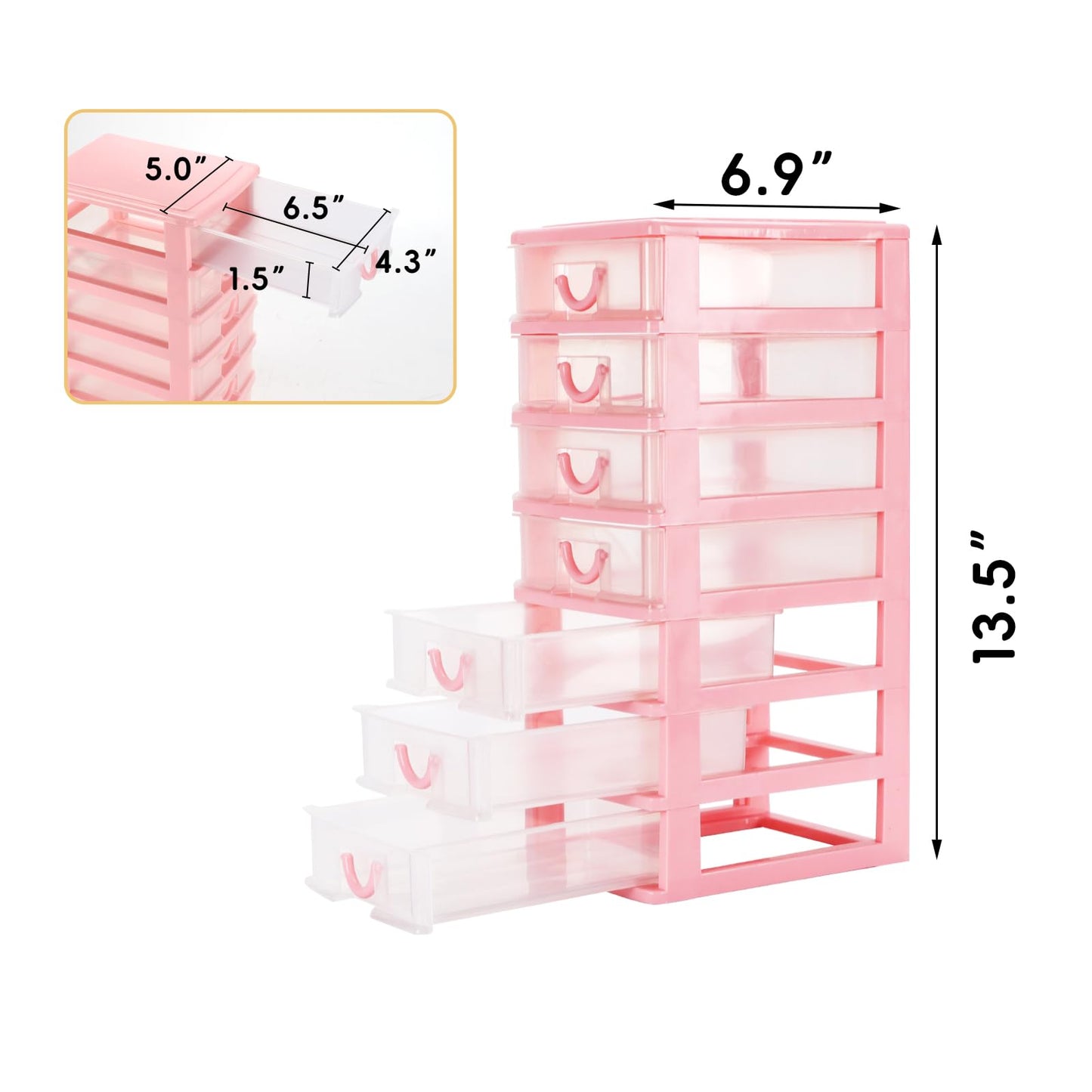 Rempry Mini Plastic Organizer with 7 Clear Drawers, 7.1"x5.1"x13.2" Small Storage Drawers Containers for Desk, Counters, Cabinets, Pink