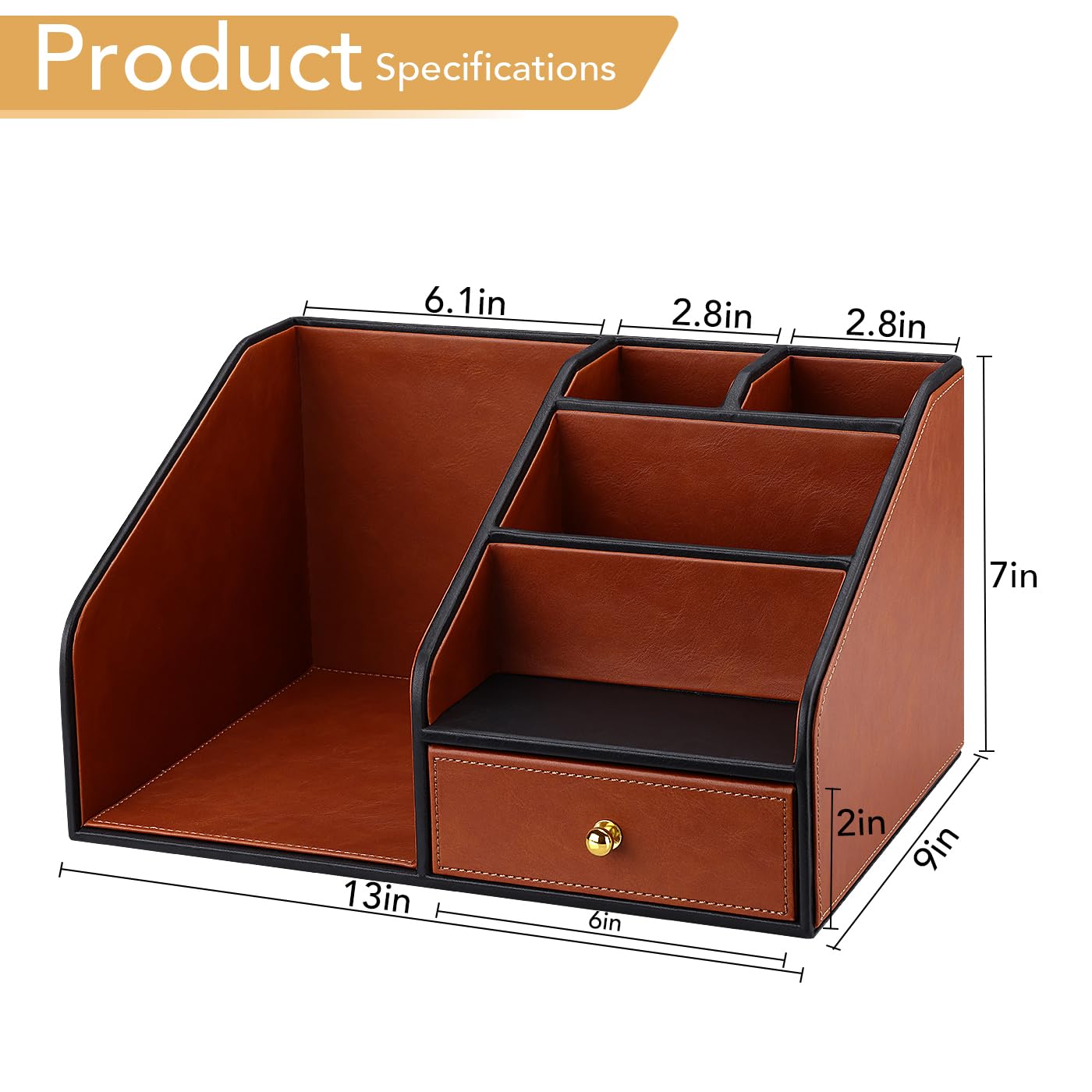 GORESE PU Leather Desk Organizer with Magazine File holder, Drawer and 4 Compartments, Office Workspace Organizers and Accessories, Large Desktop Organization with File Rack Pen Holder - Tan Brown