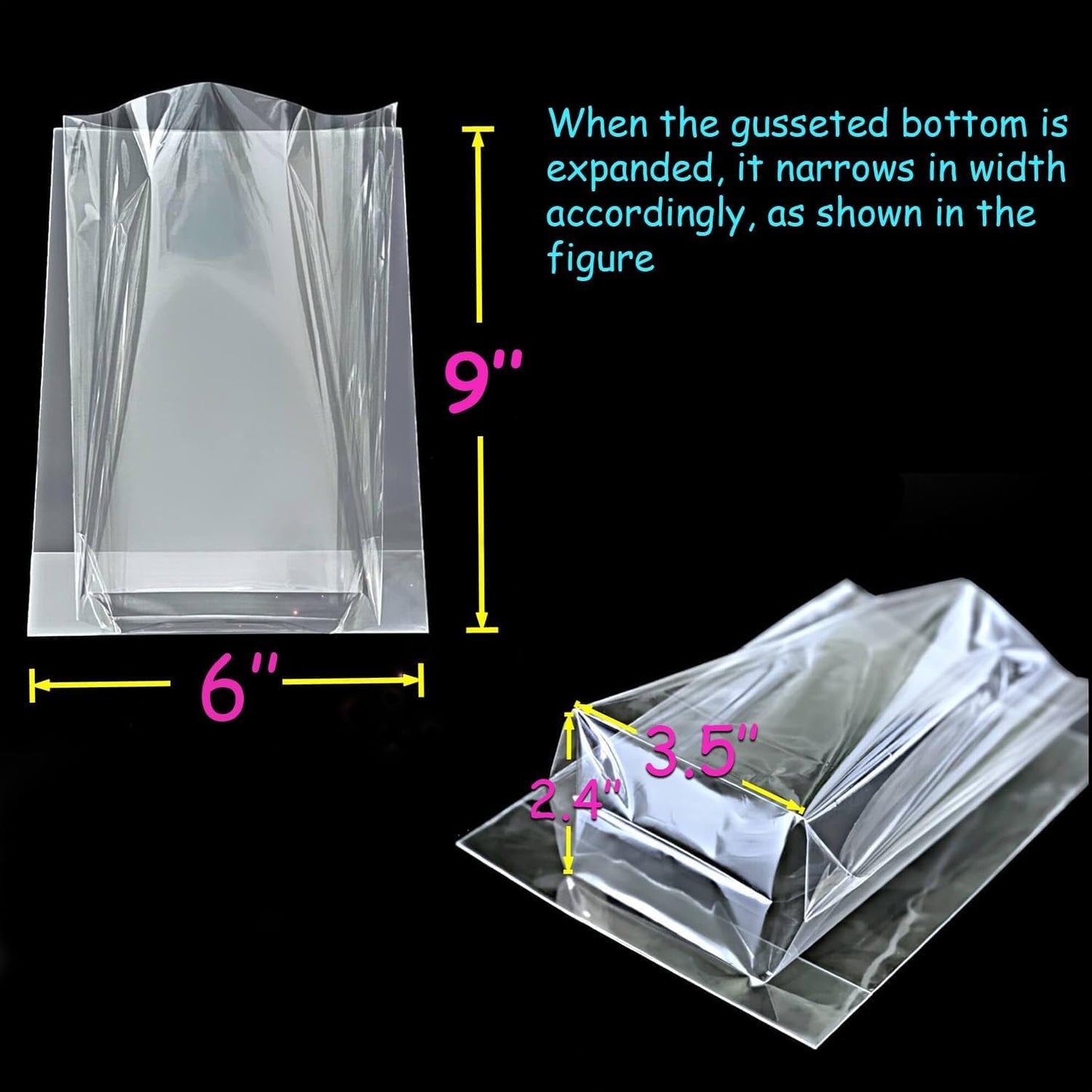 PigPotParty Cellophane Treat Bags 6x9 Inch, 100 Pack Clear Goodie Bags with Bottom Gusset for Stand-Up Display, Small Plastic Gift Wrap for Cookies, Candy, Party Favors, Popcorn, Includes 100 Ties
